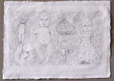 My Lings #1: “Dolls, Shells, & Scrolling”, 6/22/12, 8 1/2” x 12”, gold point on prepared paper from India.