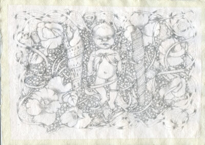 My Lings #4: Doll with Ribbon, Shells Flowers, 7/18/12, gold point on prepared paper.