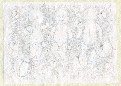 My Lings #6: Naked Babes Cavorting Among Peaches”, 7/29/12, 8 1/2” x 12”, gold point on prepared paper.