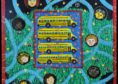 Poem/Painting #9: “School Buses” 7/25/14, 12″ x 12″ x 2 1/4″, mixed media.